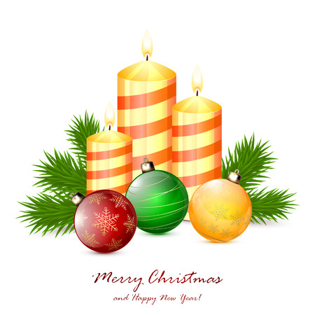 Christmas balls and candles with fir tree branches isolated on white background, illustration.のイラスト素材