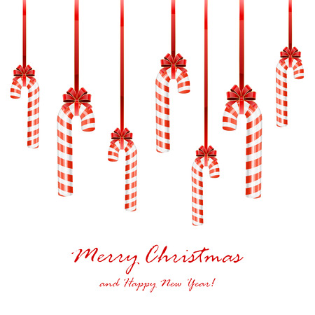 Set of Christmas candy canes with bow isolated on white background, illustration.のイラスト素材