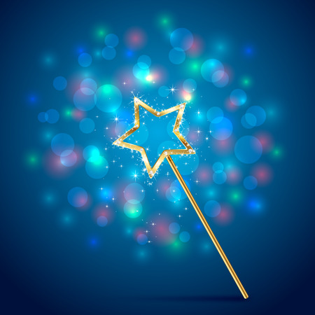 Golden magic wand on blue glittering background, illustration.のイラスト素材