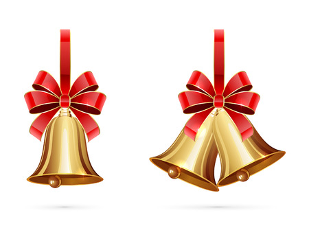Golden Christmas bells with red bow isolated on white background, illustration.のイラスト素材