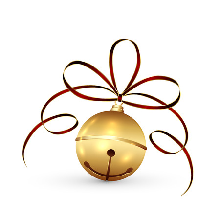 Golden Christmas bell with tinsel and bow isolated on white background, illustration.のイラスト素材