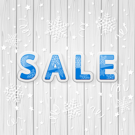 Blue inscription sale with Christmas snowflakes and confetti on wooden background, illustration.のイラスト素材