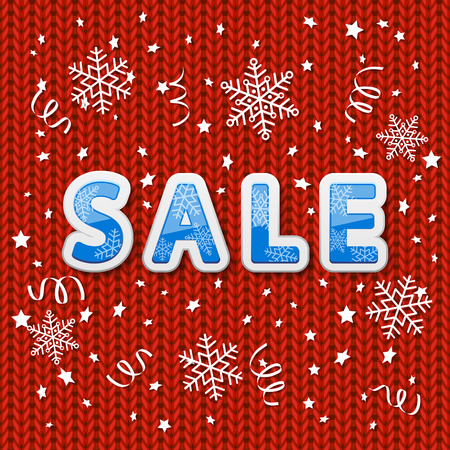 Blue inscription sale with Christmas snowflakes and confetti on red knitted background, illustration.のイラスト素材