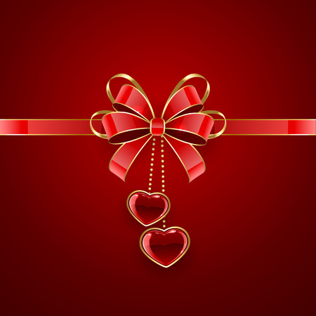 Red Valentines background with shining hearts and bow, illustration.のイラスト素材