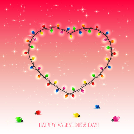 Valentines heart from colorful lights on red background, illustration.のイラスト素材