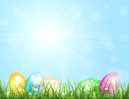 Sunny background with blue sky and Easter eggs in the grass, illustration.のイラスト素材