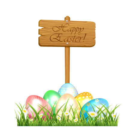 Wooden sign with colorful Easter eggs in the grass on white background, illustration.のイラスト素材