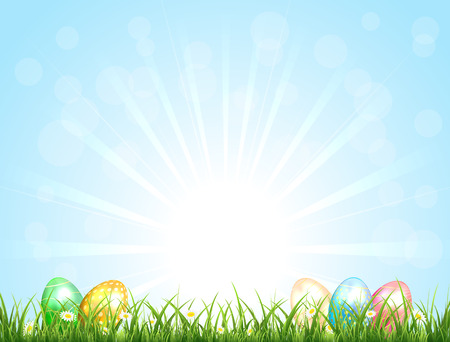 Sunny background with Easter eggs and blue sky, illustration.のイラスト素材