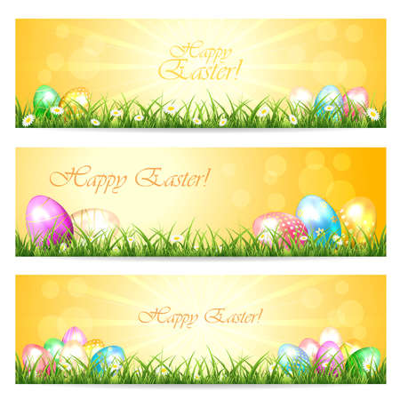 Three Easter cards with eggs in the grass and Sun, illustration.のイラスト素材