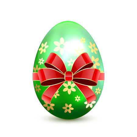 Green decorative Easter egg with red bow isolated on white background, illustration.のイラスト素材