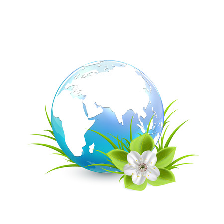Blue Earth globe with flower and grass isolated on white background, illustration.のイラスト素材