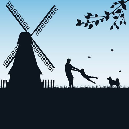 Silhouettes of a happy family of the father and the child on blue background, illustration.のイラスト素材