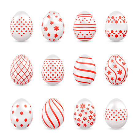 Set of decorative Easter eggs with red patterns isolated on white background, illustration.のイラスト素材