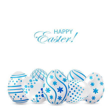 Decorative Easter eggs with blue patterns on white background, illustration.のイラスト素材