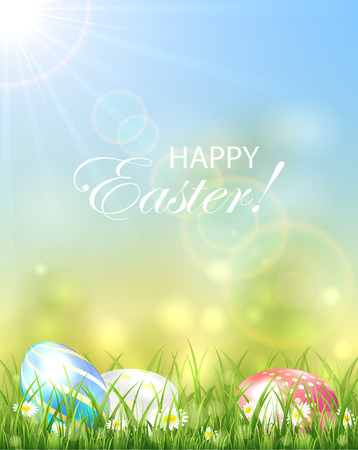 Easter background with Sun and colorful eggs in the grass, illustration.のイラスト素材
