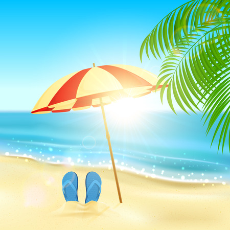 Tropical background with flip flops and umbrella on the sandy beach, Sun, sparkling ocean and palms, illustration.のイラスト素材
