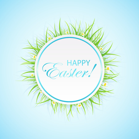 Round Easter card with grass on blue background, illustration.のイラスト素材