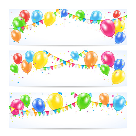 Holiday banners with colorful balloons, pennants and confetti, Birthday background, illustration.のイラスト素材