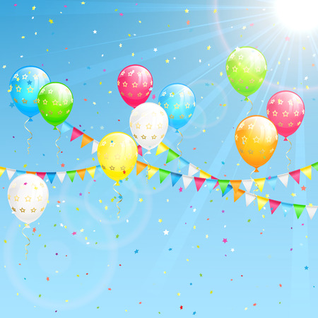 Birthday decoration with colorful  balloons, confetti and pennants on sky background, illustration.のイラスト素材