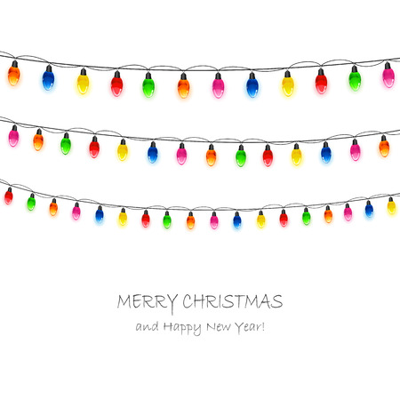 Multicolored Christmas light bulbs on white background, illustration.のイラスト素材