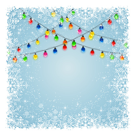 christmas light bulbs on blue with frame from snowflakes and stars, illustration.のイラスト素材