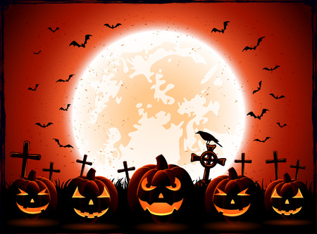 Halloween night with Moon and pumpkins on the cemetery background, illustration.のイラスト素材