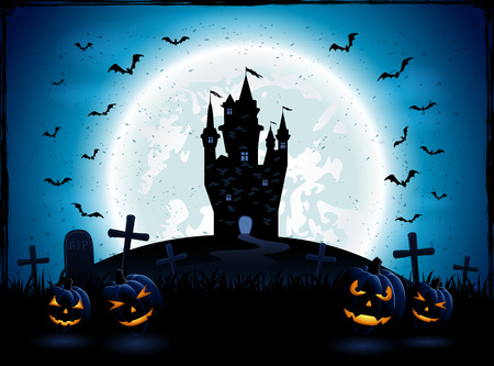 Halloween night with pumpkins, and castle on blue Moon background, illustration.のイラスト素材