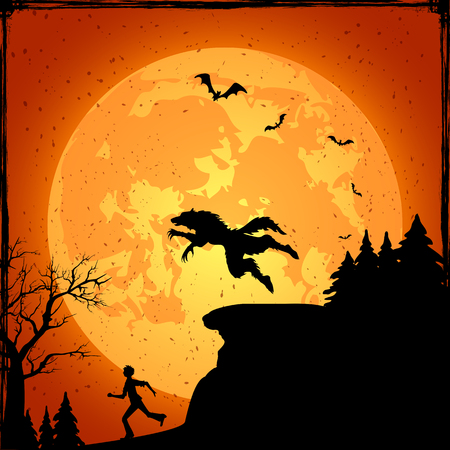 Halloween background with running man from werewolf, illustration.のイラスト素材