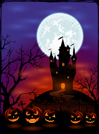 Halloween background with castle, Moon and pumpkins on graveyard in dark night, illustration.のイラスト素材