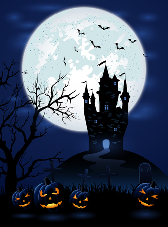 Halloween night with dark castle, Moon and pumpkins, illustration.のイラスト素材
