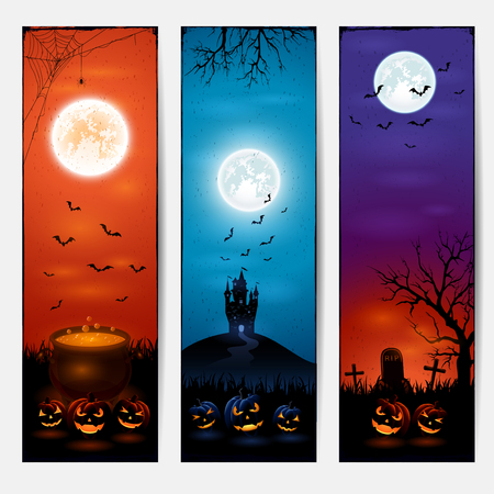 Vertical Halloween banners with castle, pumpkins on graveyard, and witches pot, illustration.のイラスト素材