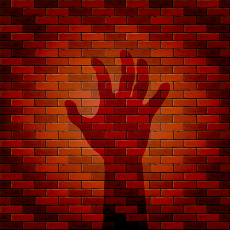 Halloween background with shadow of hand on a brick wall, illustration.のイラスト素材