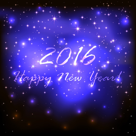 New Years theme, shiny blue background with stars and blurry lights, illustration.のイラスト素材