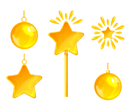 Yellow Christmas decorations isolated on white background, illustration.のイラスト素材