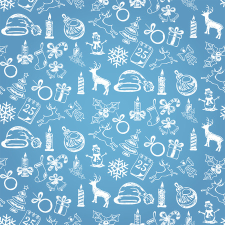 Christmas sketches with decorative elements on seamless blue background, illustration.のイラスト素材