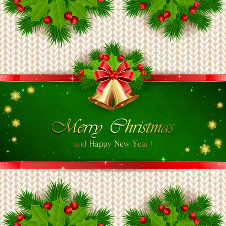 Green Christmas background with snowflakes, golden bells with red bow, holly berry, and fir tree branches on white knitted pattern, illustration.のイラスト素材