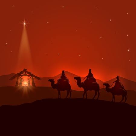 Night background with Christian Christmas scene, three wise men, birth of Jesus and shining star, illustration.のイラスト素材