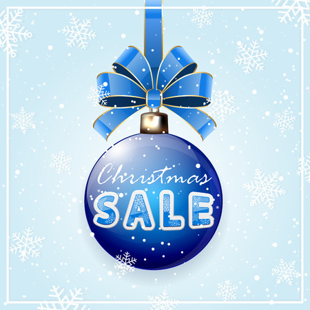 Christmas sale on blue Christmas balls with bow and snowflakes, illustration.のイラスト素材