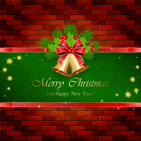 Christmas decorations with red bow, golden bells on green background, holly berry and fir tree branches on brick wall, illustration.のイラスト素材