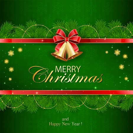 Christmas decorations with frame from fir tree branches, golden bells and red bow on green background with snowflakes, illustration.のイラスト素材