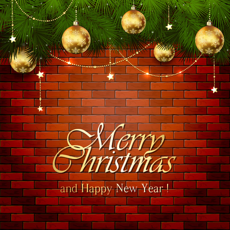 Background with golden stars and Christmas balls and spruce branches on a brick wall, illustration.のイラスト素材