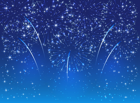 Sparkle fireworks on blue sky background, illustration.のイラスト素材