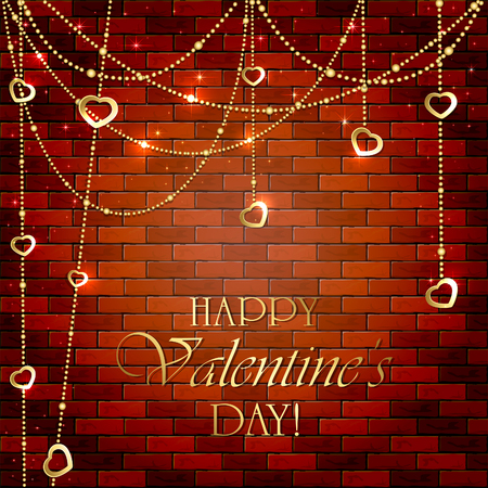 Golden Valentines decorations with hearts on brick wall, illustration.のイラスト素材
