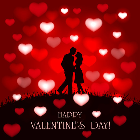 Silhouette of two enamored on red Valentines background with hearts, illustration.のイラスト素材