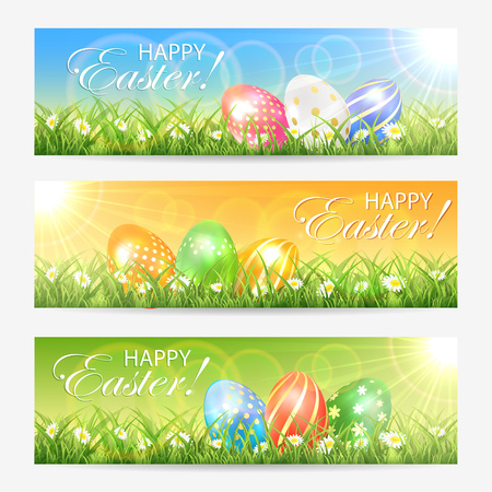 Set of Easter cards with colored eggs in grass and bright sun, illustration.のイラスト素材