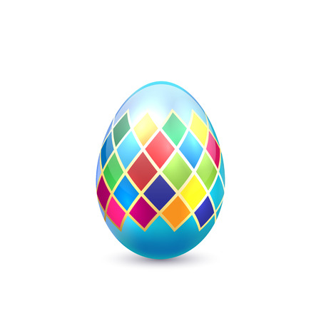 Blue decorative Easter egg with colorful pattern isolated on white background, illustration.のイラスト素材
