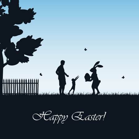 Silhouette of Easter rabbit with eggs and child with father on blue background, illustration.のイラスト素材