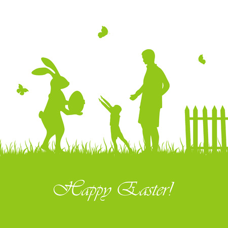 Silhouette of Easter rabbit with egg and child with father, illustration.のイラスト素材