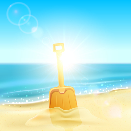 Tropical background with orange shovel on the sandy beach, illustration.のイラスト素材