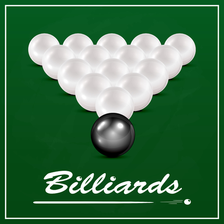 Set of white billiard balls and one black billiard ball on a green cloth background, billiard table with balls and the inscription Billiards, illustration.のイラスト素材